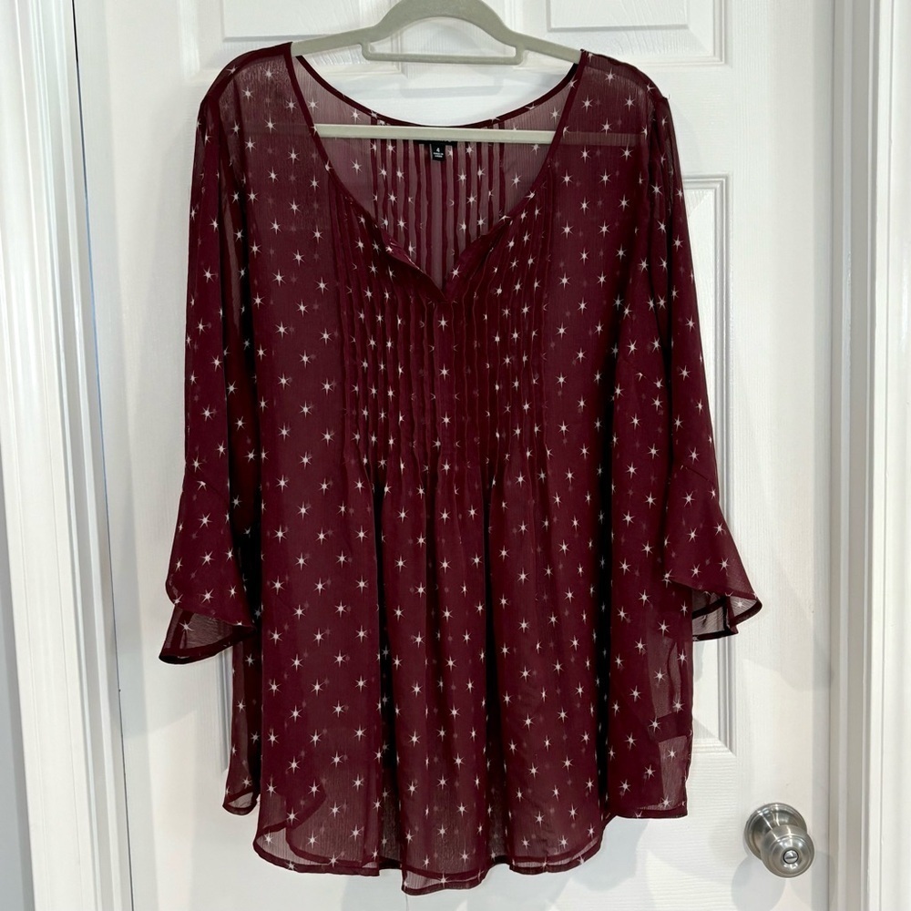 Torrid Pintuck Chiffon Burgundy Dot Star Peasant Sheer Blouse Women Plus Size 4 - Picture 5 of 17